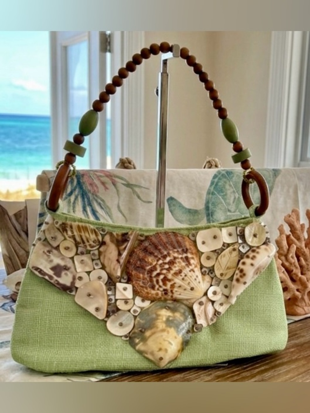 Beaded Shell Embellished Green Linen Shoulder Bag